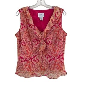 VISI0N APPAREL Floral Sleeveless Blouse  Beige and Orange Embellished Large Y2k